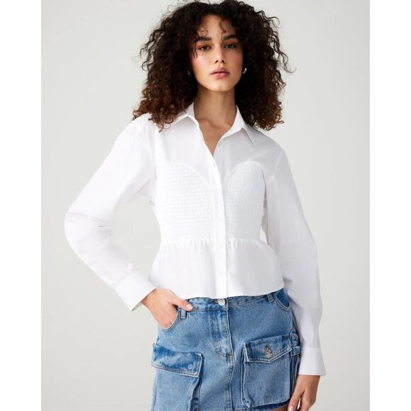 NWT Steve Madden Marisol Cotton Smocked Corset Detail Shirt in White Size Small - Picture 3 of 16